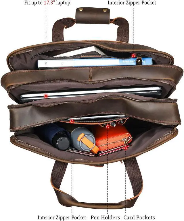 Alt view image 4 of 5 - Polare 18.5" Full Grain Leather Laptop Briefcase Messenger Work Bag Overnight Bag For Men X-Large Fits 17.3" Laptop