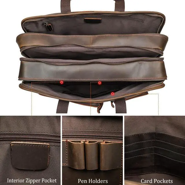 Alt view image 5 of 5 - Polare 18.5" Full Grain Leather Laptop Briefcase Messenger Work Bag Overnight Bag For Men X-Large Fits 17.3" Laptop