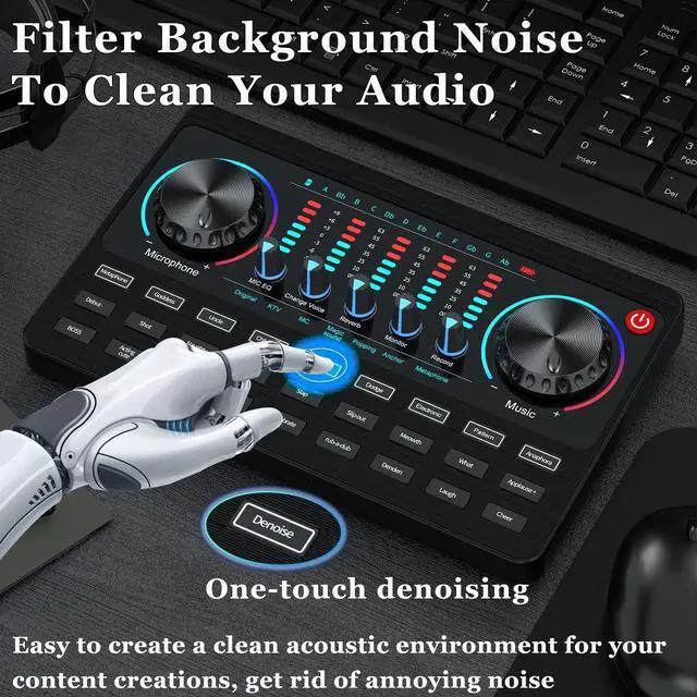 Alt view image 2 of 5 - Podcast Equipment Bundle Booth Desk Kit,Studio Condenser Microphone,Sound Card Audio Interface DJ Mixer SoundBoard Voice Changer for Vlog/Tiktok/Youtube Starter Phone/PC Musical Streaming