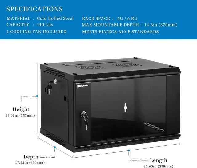 Alt view image 2 of 5 - RackPath 6U Performance Wall Mount Server Cabinet Network Rack Enclosure, Quiet Cooling Fan, Locking Glass Door, Black
