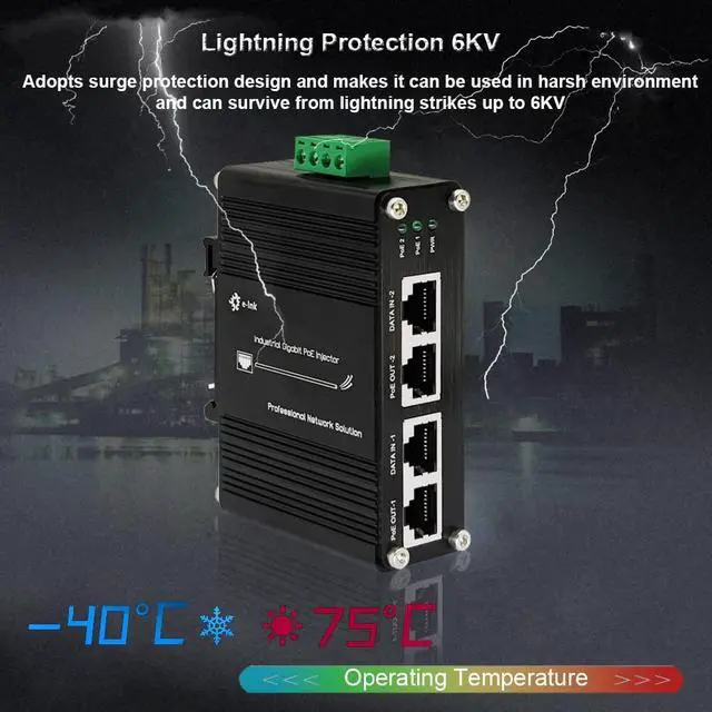 Alt view image 5 of 5 - Industrial 2 Ports PoE Injector, Hardened Gigabit 30W PoE+ Injector IEEE802.3 at POE Adapter POE Midspan Max 60W Single Port Power Over Ethernet with 12-48V DC Input DIN Rail Mount