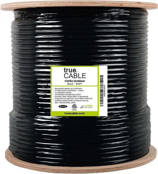 Alt view image 4 of 5 - trueCABLE Cat5e Outdoor, Unshielded UTP, 500ft, UV Resistant, Aerial CMX Rated, Black, 24AWG Solid Bare Copper, 350MHz, PoE++ (4PPoE), ETL Listed, Bulk Ethernet Cable