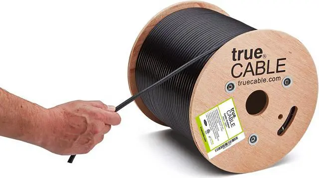 Main image of trueCABLE Cat5e Outdoor, Unshielded UTP, 500ft, UV Resistant, Aerial CMX Rated, Black, 24AWG Solid Bare Copper, 350MHz, PoE++ (4PPoE), ETL Listed, Bulk Ethernet Cable