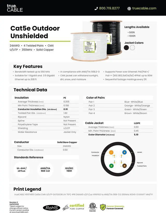 Alt view image 5 of 5 - trueCABLE Cat5e Outdoor, Unshielded UTP, 500ft, UV Resistant, Aerial CMX Rated, Black, 24AWG Solid Bare Copper, 350MHz, PoE++ (4PPoE), ETL Listed, Bulk Ethernet Cable