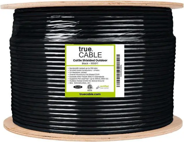 Alt view image 4 of 5 - trueCABLE Cat5e Outdoor, Shielded FTP, 1000ft, UV Resistant, Aerial CMX Rated, Black, 24AWG Solid Bare Copper, 350MHz, PoE++ (4PPoE), ETL Listed, Bulk Ethernet Cable