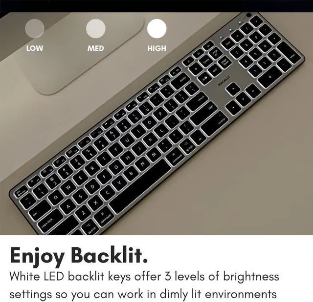 Main image of Macally Backlit Bluetooth Keyboard for Mac & iOS - (Upgraded Battery) For Apple Devices - 107 Key Rechargeable Wireless Mac Keyboard - Wireless Backlit Keyboard Mac (White LED | 3 Levels) - Space Gray