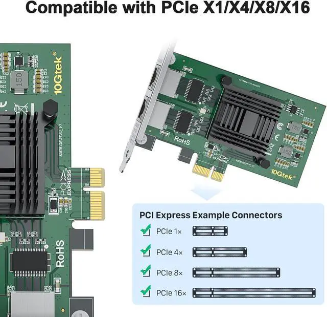 Alt view image 2 of 5 - 10/100/1000Mbps Gigabit Ethernet Network Interface Card (NIC) Dual Copper RJ45 Ports, with Intel 82576 Chip, Equivalent to Intel E1G42ET, PCIE 2.0 X1, Support Windows/Windows Server/Linux/VMware ESX