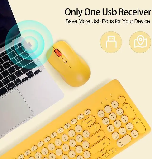 Alt view image 2 of 5 - Arcwares Wireless Keyboard and Mouse Combo, Sweet Yellow Cute Keyboard, 2.4G USB Ergonomic Full-Sized Mute Keyboard for Computer, Laptop, PC Desktops, Mac