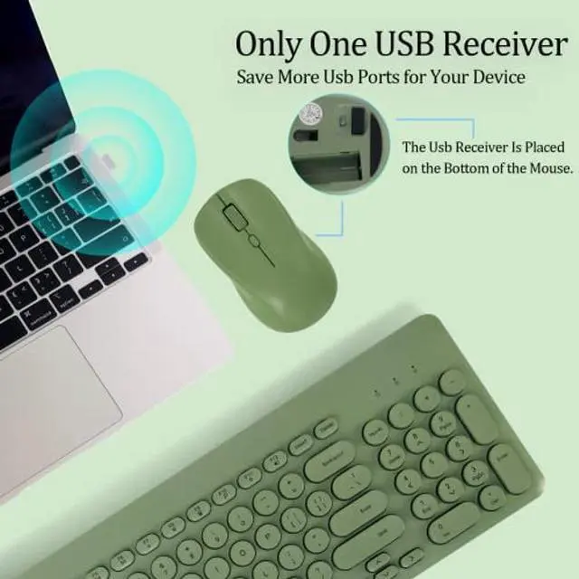 Alt view image 2 of 5 - Arcwares Wireless Keyboard and Mouse Combo, Sweet Green Cute Keyboard, 2.4G USB Ergonomic Full-Sized Mute Keyboard for Computer, Laptop, PC Desktops, Mac