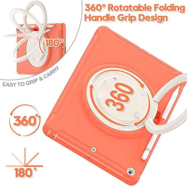 Alt view image 2 of 5 - BATYUE iPad 9th/ 8th/ 7th Generation Case (iPad 10.2 Case 2021/2020/2019) with Screen Protector,Rugged Case with Rotating Stand/Pencil Holder/Pencil Cap Holder (Coral Orange)
