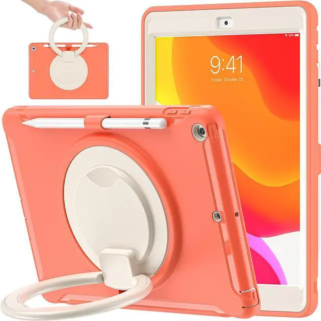 Main image of BATYUE iPad 9th/ 8th/ 7th Generation Case (iPad 10.2 Case 2021/2020/2019) with Screen Protector,Rugged Case with Rotating Stand/Pencil Holder/Pencil Cap Holder (Coral Orange)