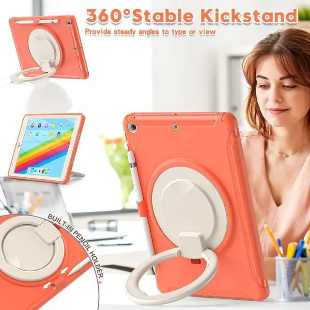 Alt view image 3 of 5 - BATYUE iPad 9th/ 8th/ 7th Generation Case (iPad 10.2 Case 2021/2020/2019) with Screen Protector,Rugged Case with Rotating Stand/Pencil Holder/Pencil Cap Holder (Coral Orange)