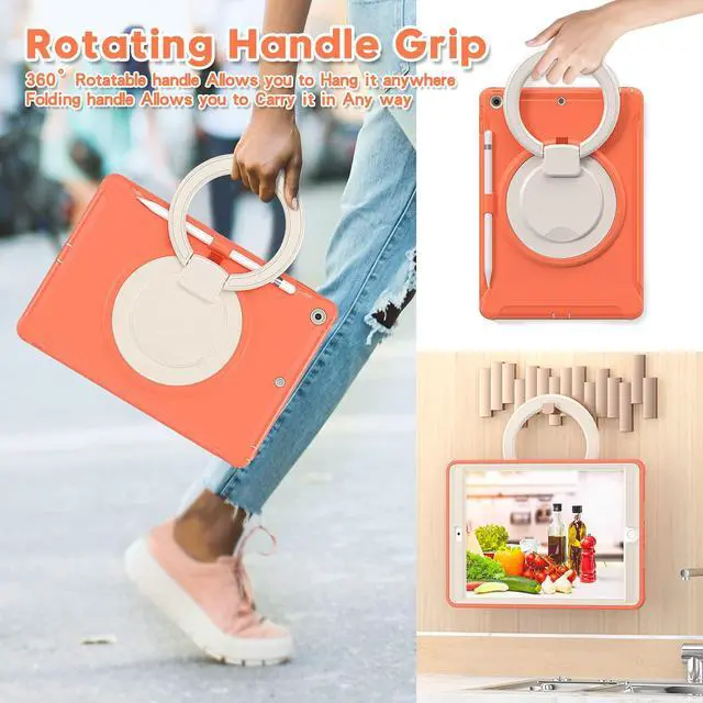 Alt view image 4 of 5 - BATYUE iPad 9th/ 8th/ 7th Generation Case (iPad 10.2 Case 2021/2020/2019) with Screen Protector,Rugged Case with Rotating Stand/Pencil Holder/Pencil Cap Holder (Coral Orange)