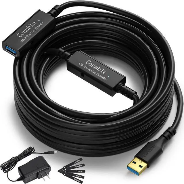 Main image of USB 3.0 Active Extension Cable 50 Feet, Long USB Type-A Male to Female Extender Cord, Built-in 2 Signal Booster Smart Chips, 5Gbps Transfer, Black USB Extension Cable with an AC Power Adapter (5V 2A)