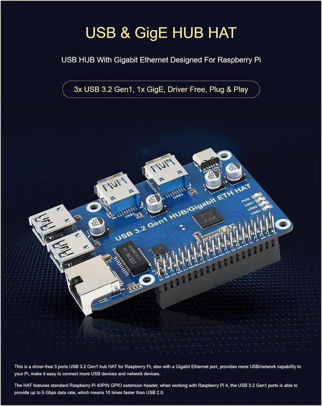 Alt view image 4 of 5 - USB 3.2 Gen1 and Gigabit Ethernet HUB HAT for Raspberry Pi Series Board, 3X USB 3.2 Gen1, 1x Gigabit Ethernet,Plug & Play,Driver-Free