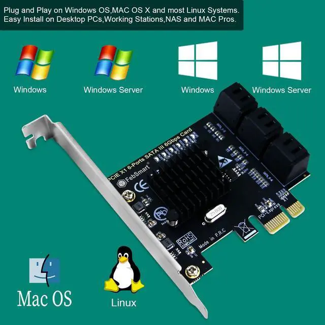 Alt view image 5 of 5 - FebSmart PCIE 3.0 X1 to 6-Ports 6Gbps Max Speed SATA III Expansion Card, ASMedia ASM1166 None-Raid PCIE 3.0 SATA III Card, Plug and Play on Windows OS, MAC OS, and Linux Systems (FS-S6X1-Pro)