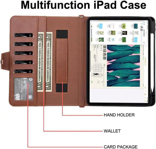 Alt view image 2 of 5 - JH 2020/2021 iPad Pro 11 PU Leather Case,iPad Pro 11 Case with Pencil Holder,Money Pocket,Shoulder/Hand Strap,Kickstand,Flip Cover with Auto Sleep/Wake (Brown,11 inch 005)
