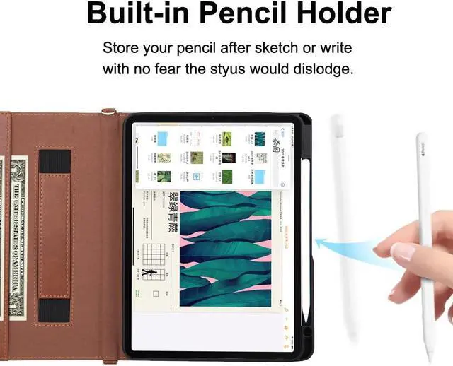 Alt view image 3 of 5 - JH 2020/2021 iPad Pro 11 PU Leather Case,iPad Pro 11 Case with Pencil Holder,Money Pocket,Shoulder/Hand Strap,Kickstand,Flip Cover with Auto Sleep/Wake (Brown,11 inch 005)