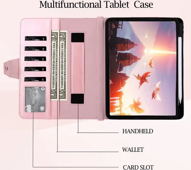 Alt view image 4 of 5 - JH 2020/2021 iPad Pro 11 PU Leather Case,iPad Pro 11 Inch Case with Pencil Holder,Money Pocket, Shoulder/Hand Strap, Kickstand, Flip Cover with Auto Sleep/Wake (Pink, 11 inch 006)