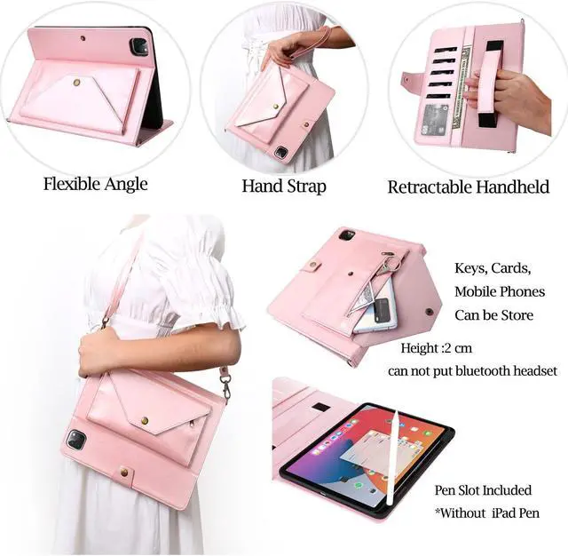 Alt view image 5 of 5 - JH 2020/2021 iPad Pro 11 PU Leather Case,iPad Pro 11 Inch Case with Pencil Holder,Money Pocket, Shoulder/Hand Strap, Kickstand, Flip Cover with Auto Sleep/Wake (Pink, 11 inch 006)