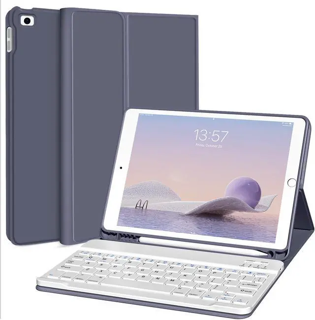 Main image of kenke Keyboard Case for iPad 9.7 inch 2018 (6th Gen) / iPad 2017 (5th Gen) / iPad Air 2/1, Lightweight Smart Cover with Pencil Holder, Magnetically Detachable Wireless Keyboard, Purple