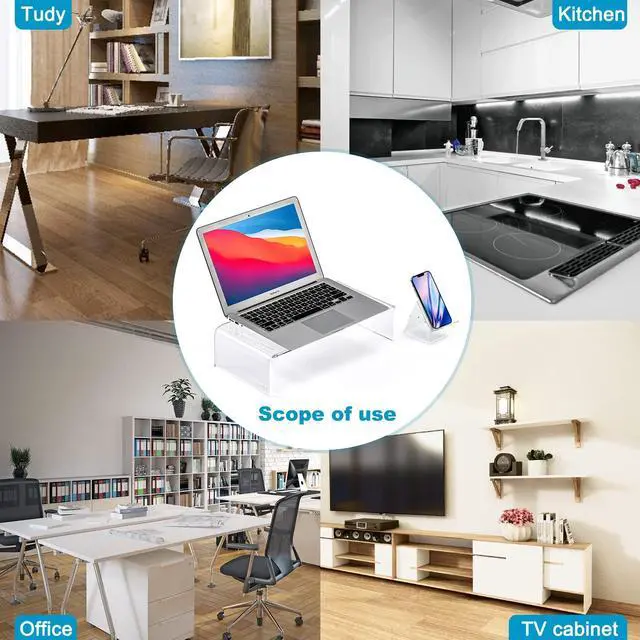 Alt view image 5 of 5 - KMANDLU Premium Acrylic Monitor Stand | Clear Laptop Riser for Desk, Office and Home | Computer Stand for TV, Printer, and More | 16-Inch Wide with Bonus Phone Stand