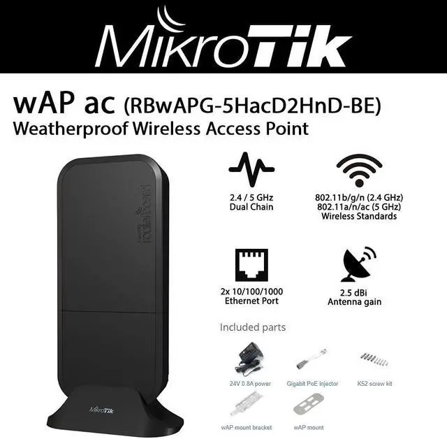 Alt view image 2 of 5 - Mikro Tik Mikrotik wAP ac RBwAPG-5HacD2HnD-BE 2.4/5GHz Weatherproof Wireless Black AP 2X Gbit Ports