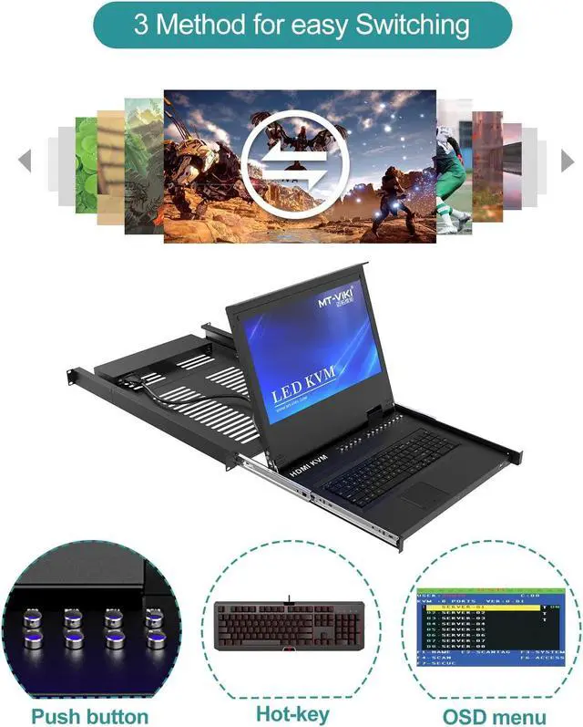 Alt view image 4 of 5 - MT-VIKI(r) Rack Mount KVM HDMI with 17.3'' LCD Monitor, 1080P Support OSD/Hotkey, Included 8 KVM Cables+Keyboard + Touchpad, Fit 1U 19'' Rack