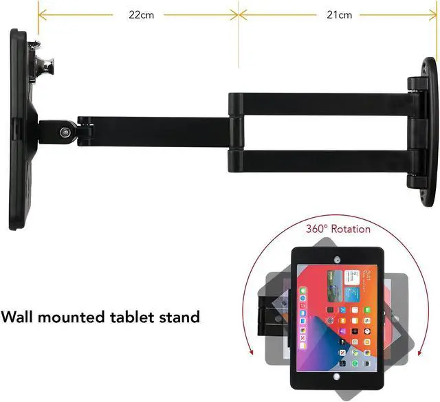Alt view image 2 of 5 - WeSTRUGGLE Tablet Wall Mount Bracket with fold for iPad 10.2-Inch (9th,8th,7th Gen.), Extend Adjustable Arm Swivel with Anti Theft Security Lock and Key, Multi Angle, Rotate Design,Metal (Black)
