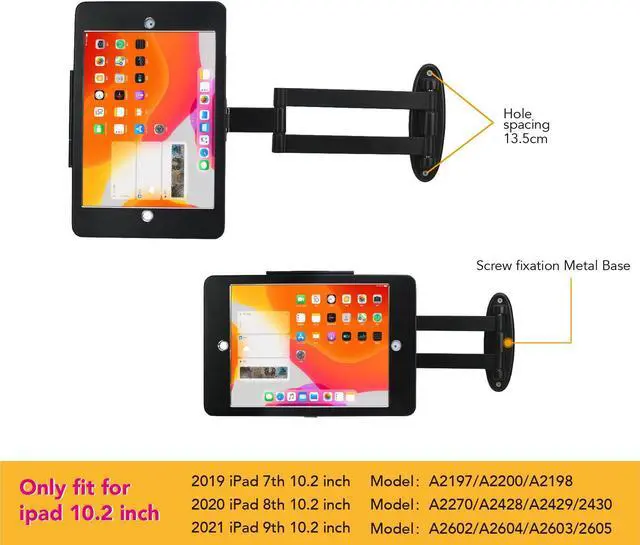 Alt view image 3 of 5 - WeSTRUGGLE Tablet Wall Mount Bracket with fold for iPad 10.2-Inch (9th,8th,7th Gen.), Extend Adjustable Arm Swivel with Anti Theft Security Lock and Key, Multi Angle, Rotate Design,Metal (Black)