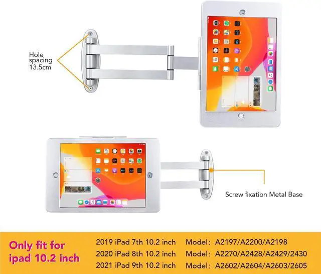 Alt view image 3 of 5 - WeSTRUGGLE Tablet Wall Mount Bracket with fold for iPad 10.2-Inch (9th,8th,7th Gen.), Extend Adjustable Arm Swivel with Anti Theft Security Lock and Key, Multi Angle, Rotate Design,Metal (Silver)
