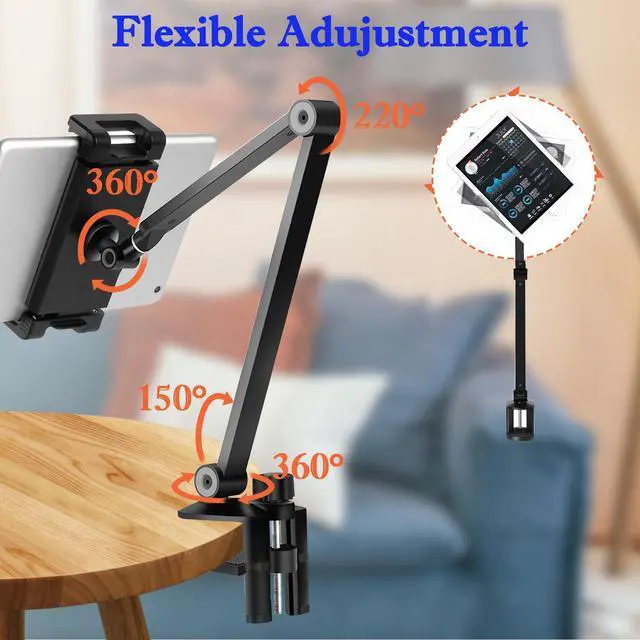 Alt view image 4 of 5 - NueZoo iPad Stand Holder Mount, Aluminum Long Arm Tablet Clamp Mount for Desk, 360deg Swivel Phone Holder for Bed, Compatible with 4.5-13inch Mobile Phone and Tablet - Black