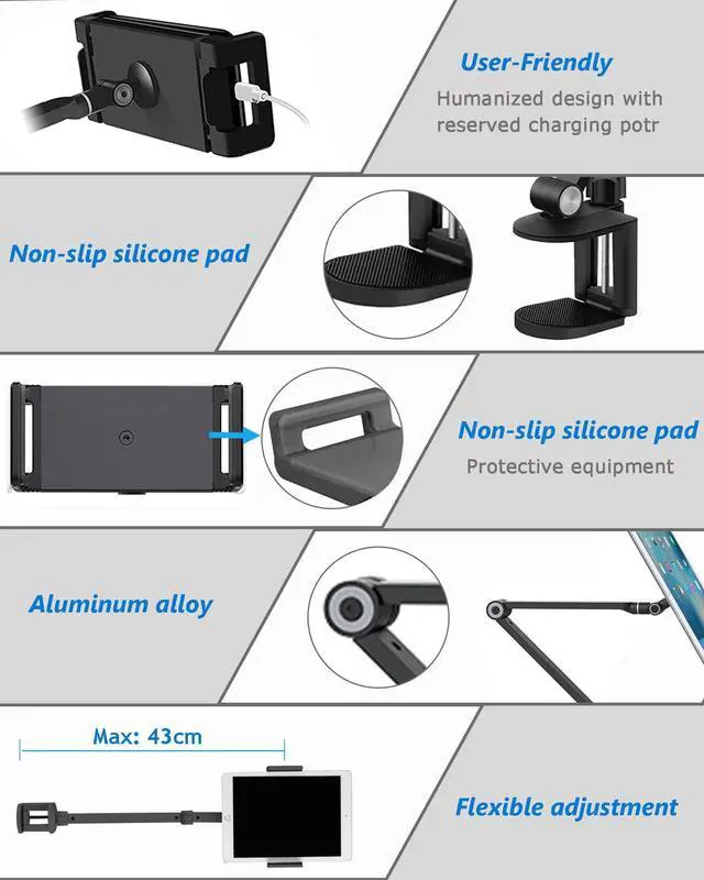 Alt view image 5 of 5 - NueZoo iPad Stand Holder Mount, Aluminum Long Arm Tablet Clamp Mount for Desk, 360deg Swivel Phone Holder for Bed, Compatible with 4.5-13inch Mobile Phone and Tablet - Black