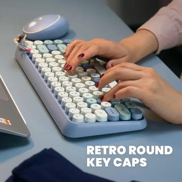 Alt view image 4 of 5 - Perixx PERIDUO-713BL Wireless Mini Keyboard and Mouse Combo - Retro Round Key Caps - Pastel Blue - US English Layout (11909)