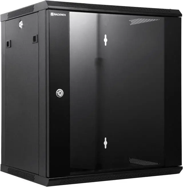 Main image of RackPath 12U Wall Mount Network Rack Cabinet  Quiet Cooling Fan, Locking Glass Door, 17.7" Deep (450mm), Removable Locking Side Panels, Fits 19" IT & A/V Equipment