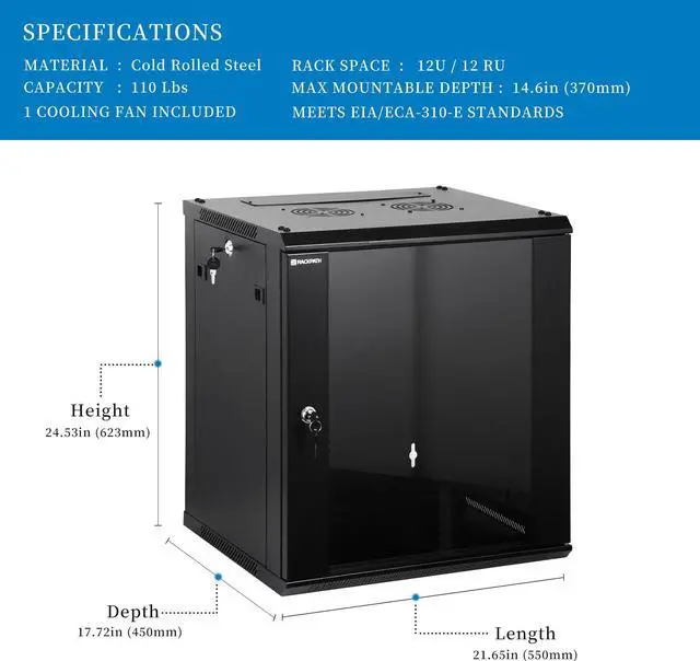 Alt view image 2 of 5 - RackPath 12U Wall Mount Network Rack Cabinet  Quiet Cooling Fan, Locking Glass Door, 17.7" Deep (450mm), Removable Locking Side Panels, Fits 19" IT & A/V Equipment