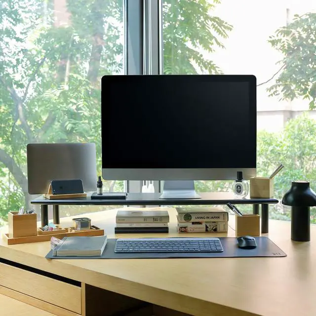 Alt view image 4 of 5 - ROCDEER Bamboo Dual Monitor Stand Riser, Black Desk Monitor Riser for 2 Monitors Supports for Monitor, Printer, Heavy TV Riser up to 300 lbs