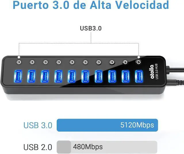 Alt view image 3 of 5 - Powered USB 3.0 Hub, atolla 10 Ports USB Data Hub Splitter with Individual ON/Off Switches and 12V/2.5A Power Adapter USB Extension for Mouse, Keyboard, Hard Drive or More USB Devices