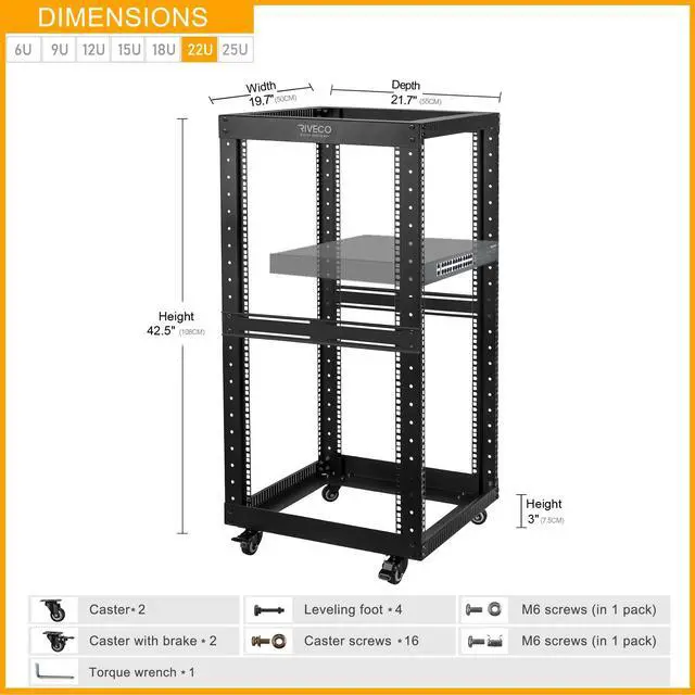 Alt view image 3 of 5 - RIVECO 22U Open Frame Server Rack with Wheels- Heavy Duty 4 Post Quick Assembly 19-inch, Stereo Rack Rolling Network Shelf Black