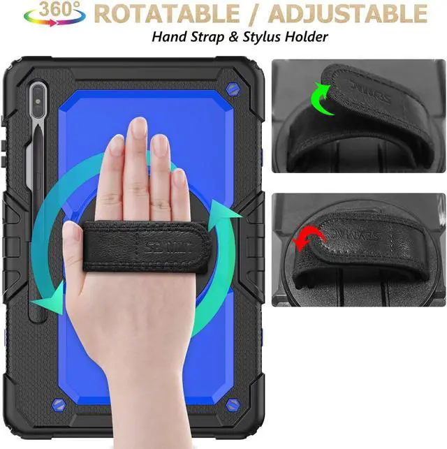 Alt view image 3 of 5 - SEYMAC stock Case for Samsung Galaxy Tab S8 Plus/ S7 FE Case 12.4'' with Screen Protector Pencil Holder [360 Rotating Hand Strap] &Stand, Drop-Proof Case for Galaxy Tab S8 Plus/ S7 FE, Blue/Black