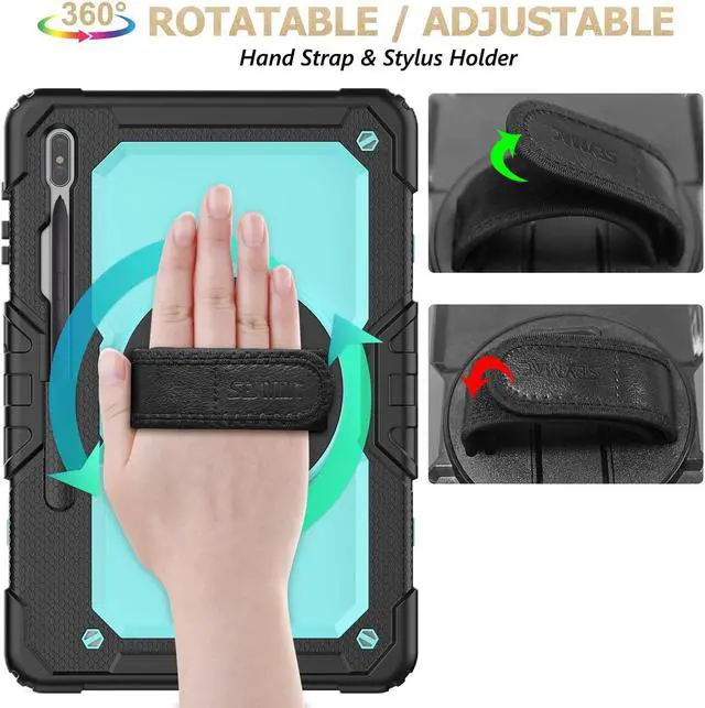 Alt view image 3 of 5 - SEYMAC stock Case for Samsung Galaxy Tab S8 Plus/ S7 FE Case 12.4'' with Screen Protector Pencil Holder [360 Rotating Hand Strap] &Stand, Drop-Proof Case for Galaxy Tab S8 Plus/ S7 FE, Sky Blue/Black