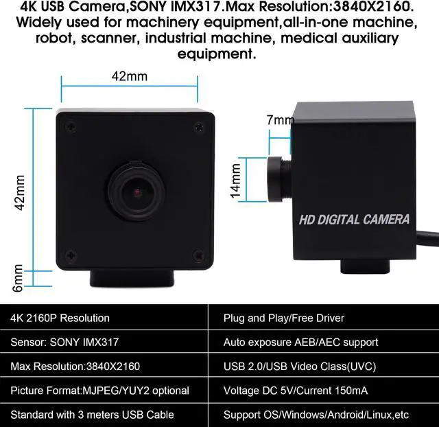 Alt view image 3 of 5 - ELP 4K Camera 3.6mm Fixed Focus Lens Mini USB Webcam,HD 2160P USB Camera with Sony Sensor for Industrial Video Camera