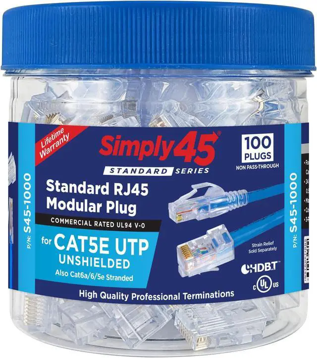 Main image of Simply45 Standard WE/SS RJ45 Modular Plugs for 24AWG Cat5e Connector UTP Solid and 28-26 AWG Cat5e/6 UTP Stranded - Blue Tint, 3-Prong Pin Design - 100-Pieces - S45-1000