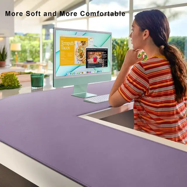 Alt view image 2 of 5 - Vyaaa L Shaped Leather Desk Mat, Gaming Mouse Pad for Corner Desk Pad, Office and Home, 43 x 43 x 15.7 Inch, Purple
