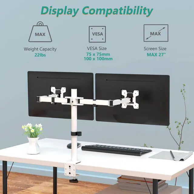 Alt view image 2 of 5 - WALI Dual LCD Monitor Fully Adjustable Desk Mount Stand Fits 2 Screens up to 27 inch, 22 lbs. Weight Capacity per Arm (M002-W), White