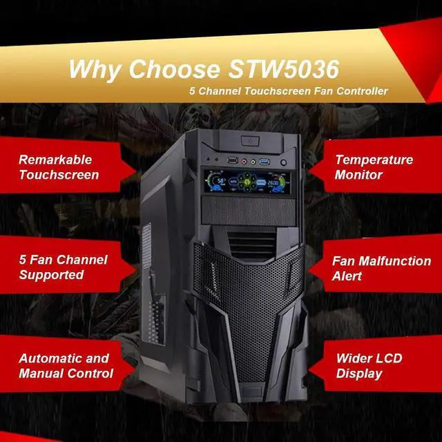 Alt view image 4 of 5 - Wscoficey Fan Controller Temperature Monitor Automatic Speed Control LCD Front Panel STW 5.25" 5 Channel Touchscreen for Computer Cooling Fans