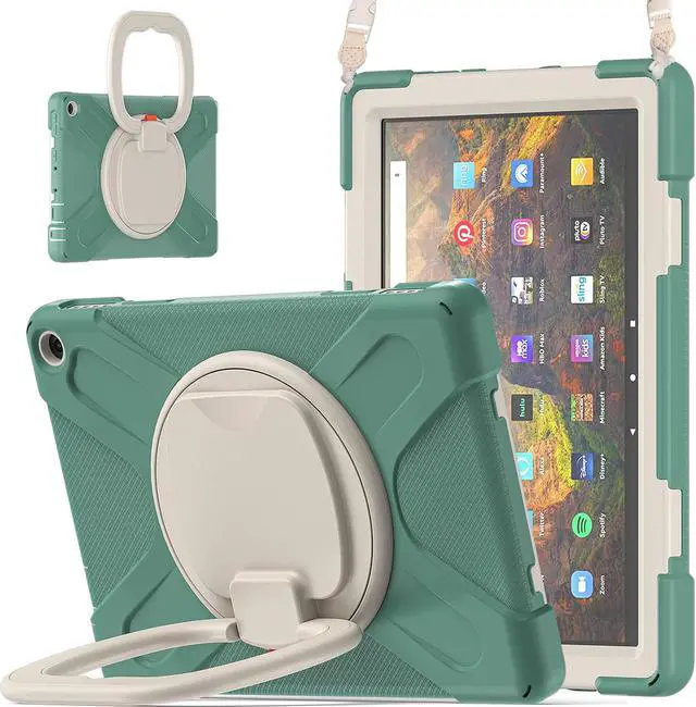 Main image of 360 deg Rotation Portable Case for Fire HD 10 & 10 Plus Tablet(11th Generation, 2021 Release Rugged Case Rotating Stand Hand Strap Shoulder Carrying Strap Outdoor Cover (DarkGreen)