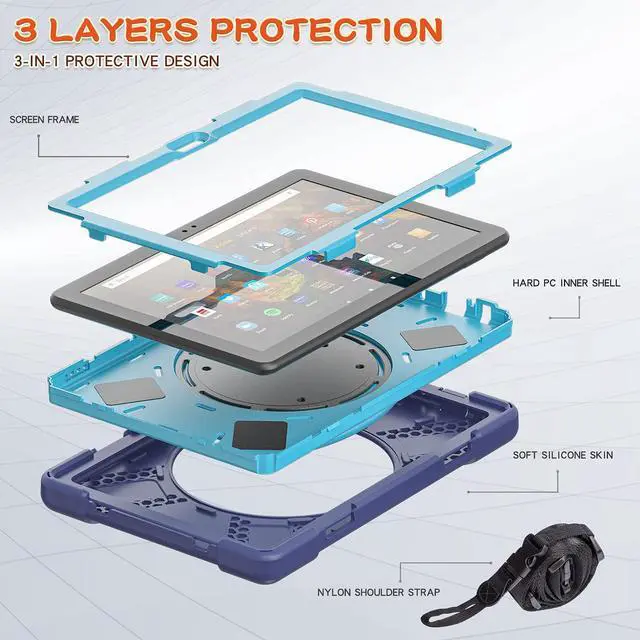 Alt view image 2 of 5 - 360 deg Rotation Portable Case for Fire HD 10 & 10 Plus Tablet(11th Generation, 2021 Release Rugged Case Rotating Stand Hand Strap Shoulder Carrying Strap Outdoor Cover (Navy+Blue)