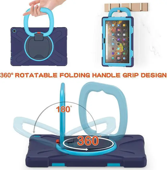 Alt view image 3 of 5 - 360 deg Rotation Portable Case for Fire HD 10 & 10 Plus Tablet(11th Generation, 2021 Release Rugged Case Rotating Stand Hand Strap Shoulder Carrying Strap Outdoor Cover (Navy+Blue)
