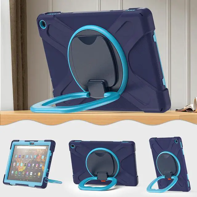 Alt view image 4 of 5 - 360 deg Rotation Portable Case for Fire HD 10 & 10 Plus Tablet(11th Generation, 2021 Release Rugged Case Rotating Stand Hand Strap Shoulder Carrying Strap Outdoor Cover (Navy+Blue)
